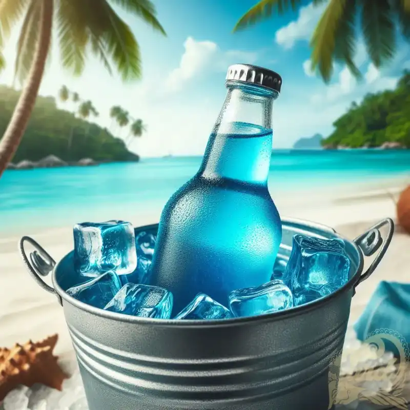 A blue syrup bottle in bucket