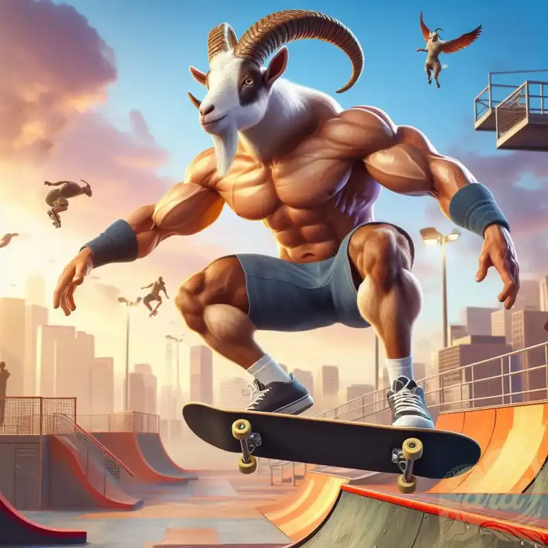 a goat playing skateboarding