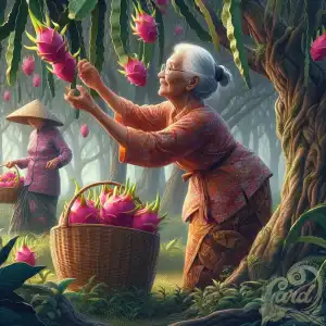 A Grandma Picking Dragon Fruit