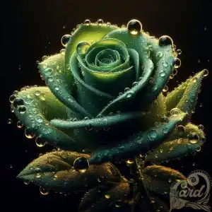 a green rose in water drops