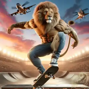 a lion playing skateboarding