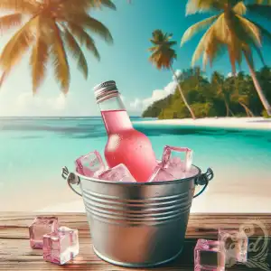 A pink syrup bottle in bucket