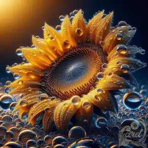 a sunflower in water drops