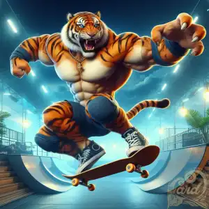a tiger playing skateboarding