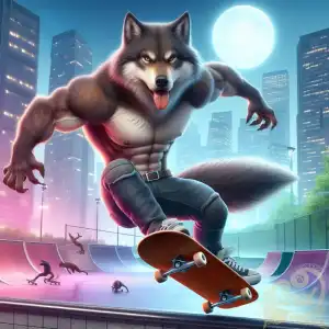a wolf playing skateboarding