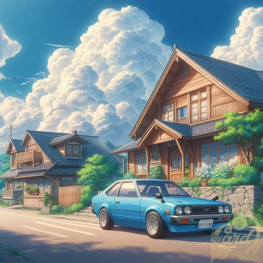 Blue car by wooden house