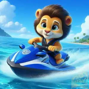 cute lion playing jet ski