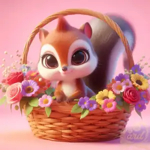 cute squirrel baby in basket
