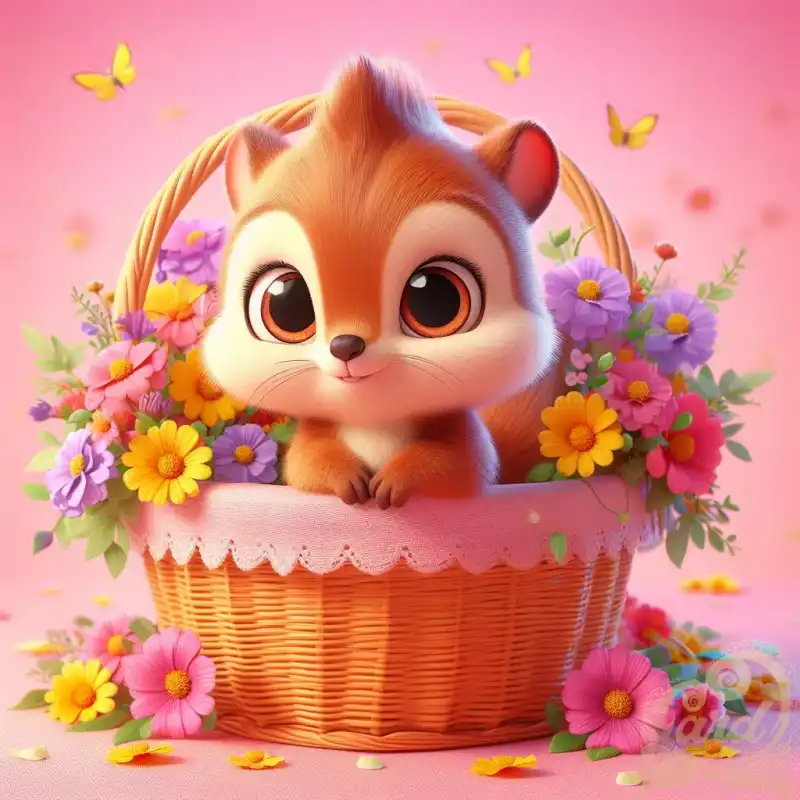 cute squirrel baby in basket