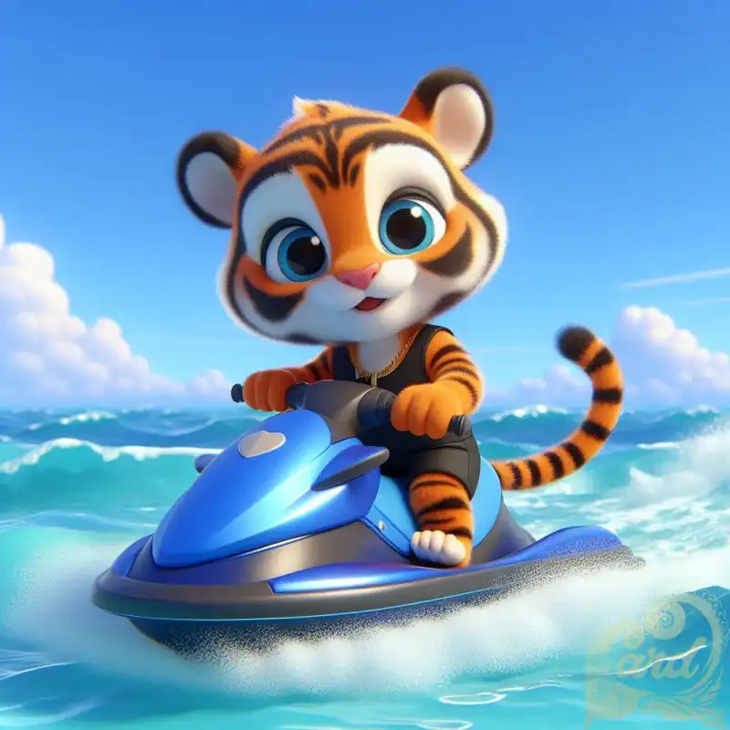cute tiger playing jet ski