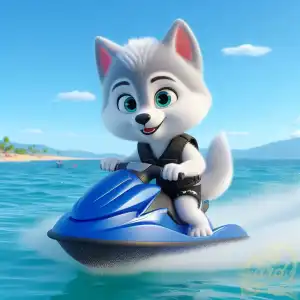 cute wolf playing jet ski
