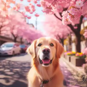 Golden dog in cherry blossom