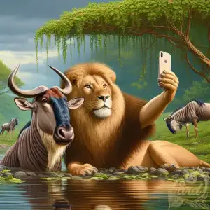 Lion and wildebeest selfie