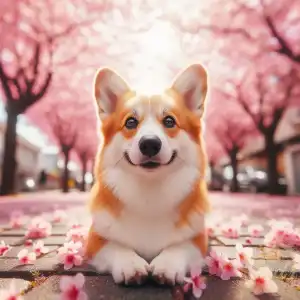 Pembrok dog in cherry blossom