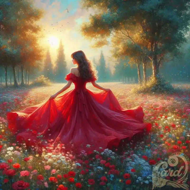 red gown in a field