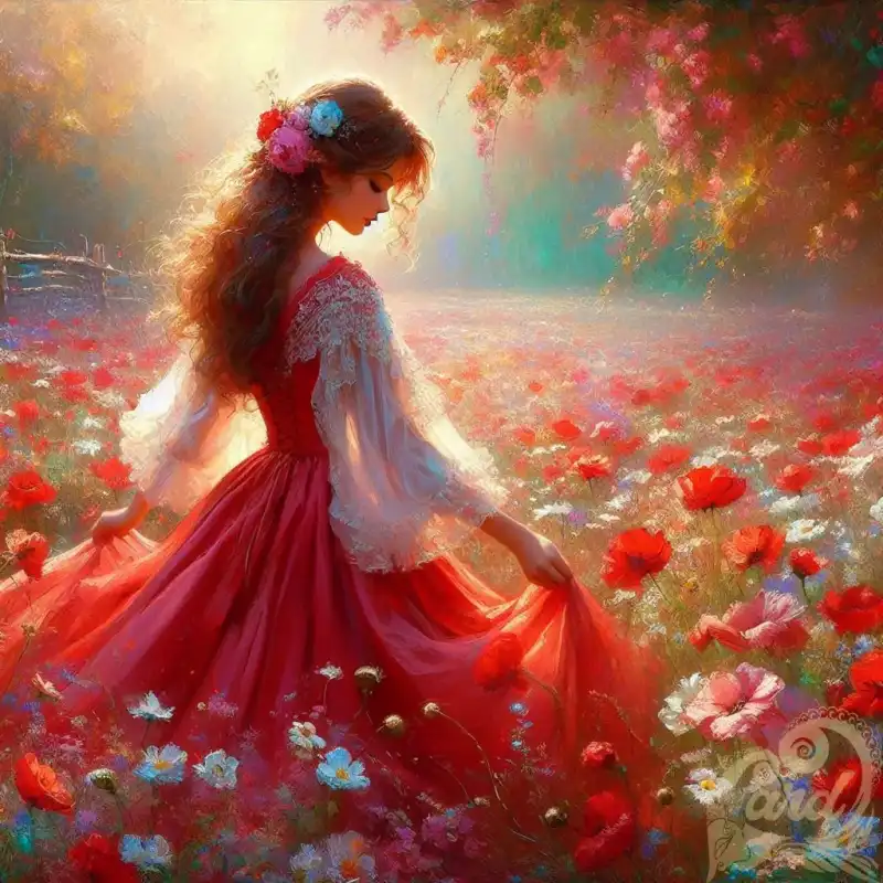 red gown in a field