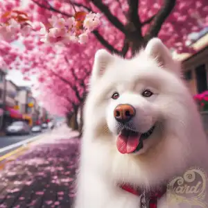 Samoyed dog in cherry blossom