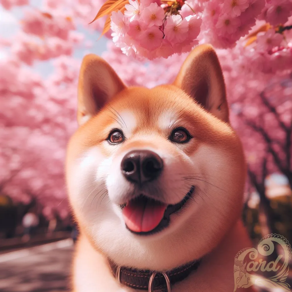 Shiba dog in cherry blossom