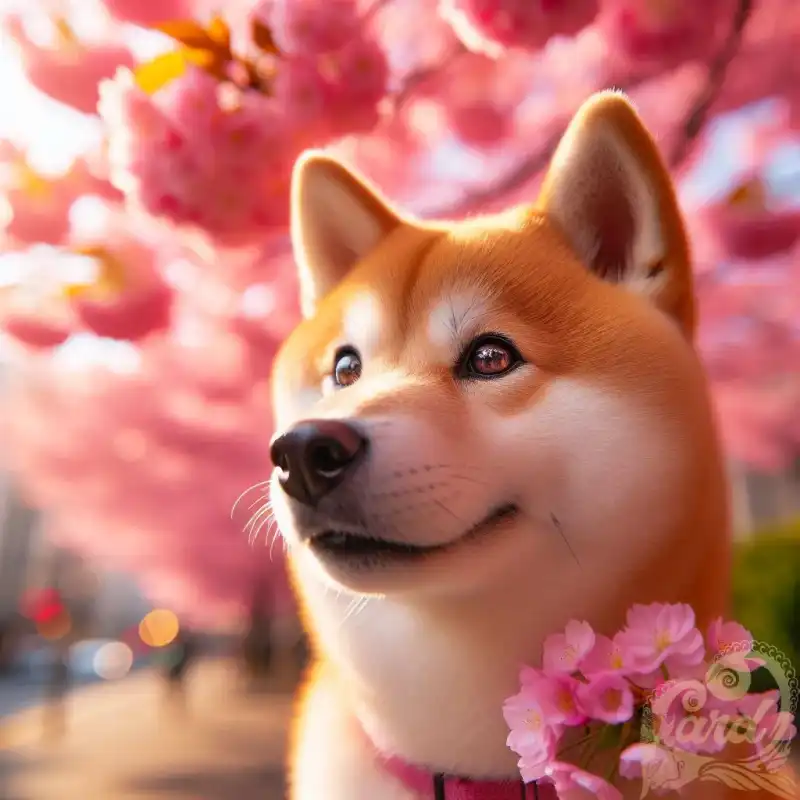 Shiba dog in cherry blossom