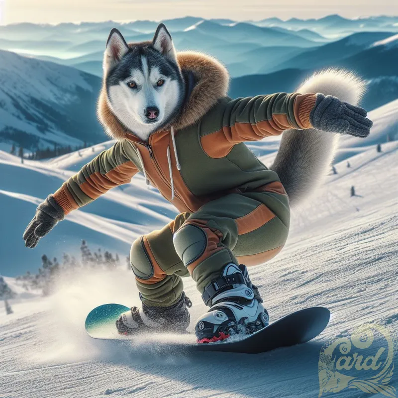 Snowboarding Siberian Husky