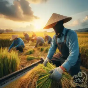 The farmer harvests rice