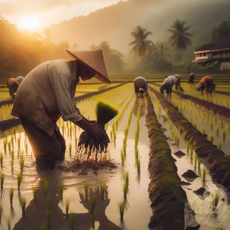 The farmer plants rice 