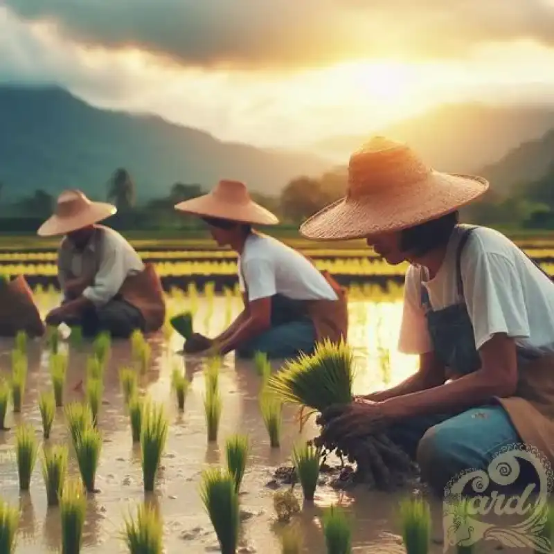 The farmer plants rice 