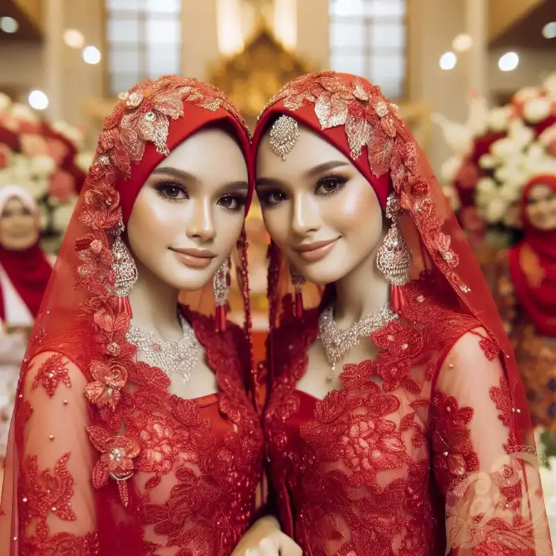 The siblings wear red kebaya 