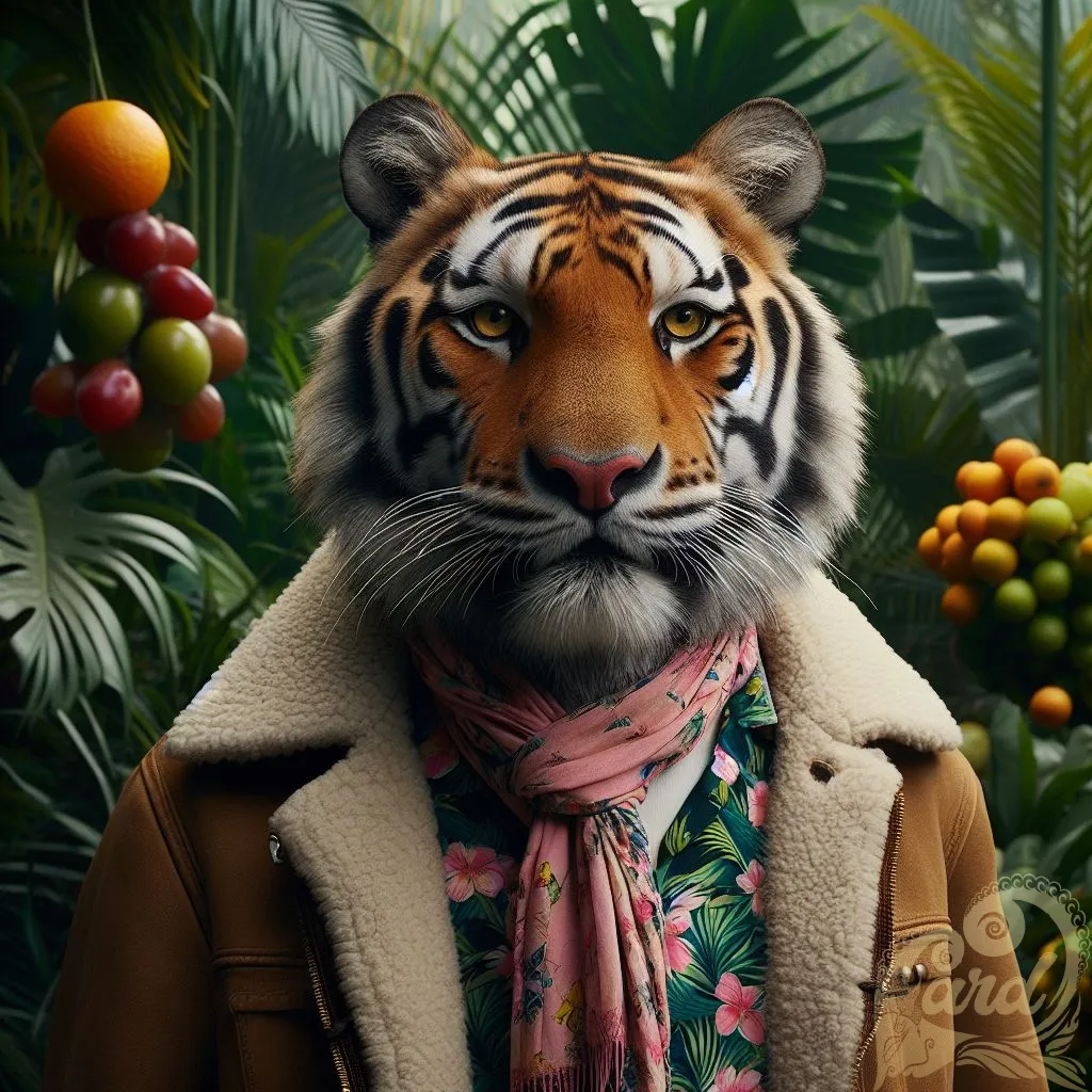 A tiger wearing a jacket and a scarf and a Hawaiian floral